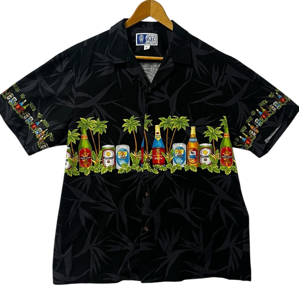 Vintage RJC Hawaiian Shirt Men L Black Cotton Short Sleeve Pocket Regular Fit